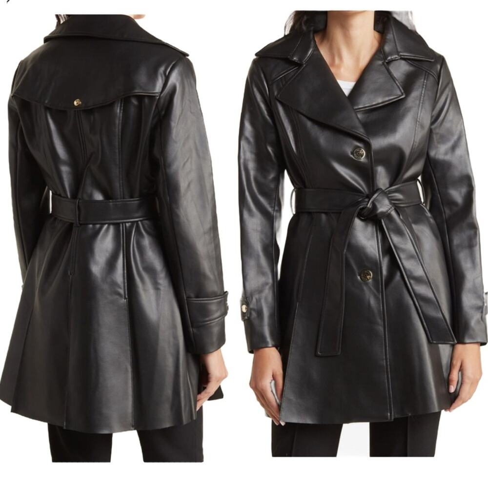 Via Spiga Chocolate Brown Vegan Leather Trench Coat Size Medium Belted Classic - Picture 2 of 16